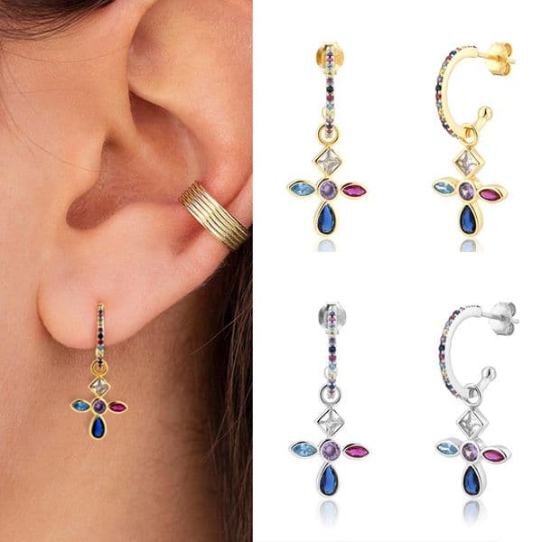ROXI Copper Colorful Cross Hoop Earrings for Women Girls Summer Jewelry Earring Brincos C Shape Ear Studs Long Huggie Earrings