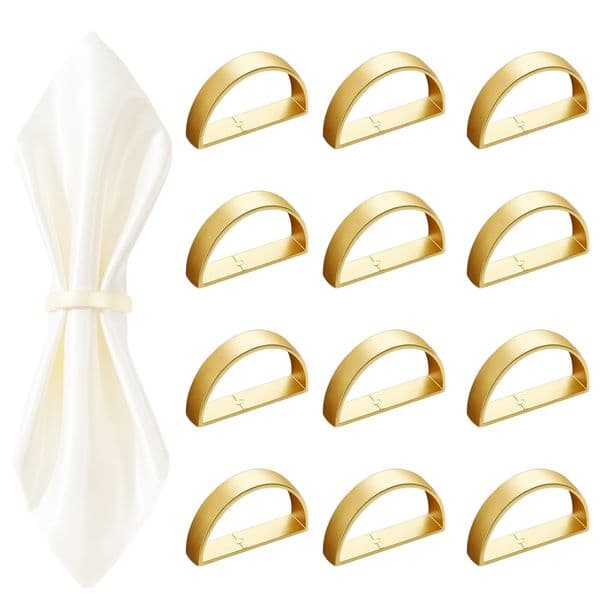 Leeseph Gold Napkin Rings Set of 12 Semicircle Metal Gold Napkin Holder Buckles New Year Table Decorations Holiday Dinner Party