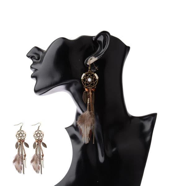 Round Retro Women's Dream Catcher Handmade Long Tassel Feather Earrings Female Leaves Pendant Earring Kolczyki Boho Jewelry