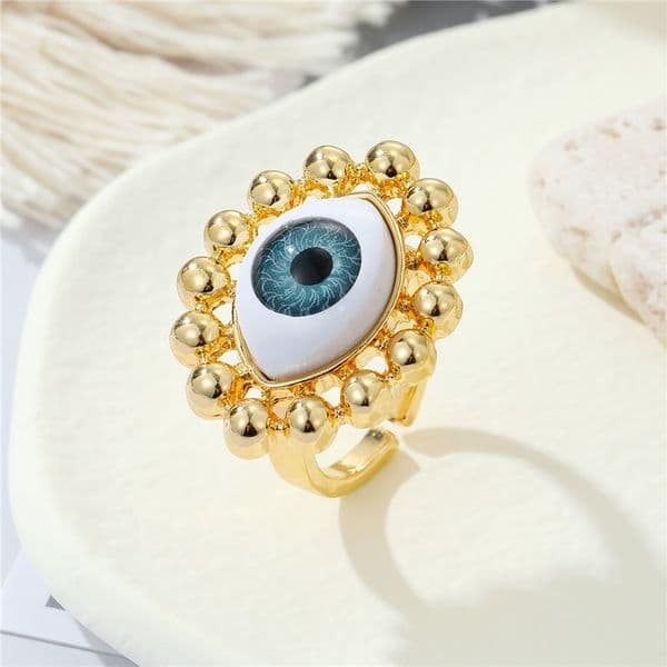 Colored Turkish Evil Eye Ring For Women New Trendy Lucky Blue Eye Metal Bead Adjustable Finger Ring Party Wedding Jewelry AR03
