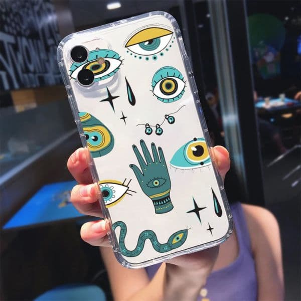 Turkish Lucky Blue Evil Eye Abstract Phone Case Transparent for IPhone 11 12 14 7 15 13 Pro X Max XR Plus Soft Shockproof Cover