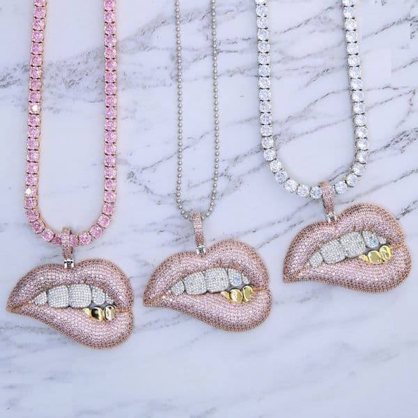 Hip Hop ice Big Pendant Micro Pave Pink Cz White Yellow Tooth 5A Zirconia Tennis Chain Drip Lip Pendant Necklace