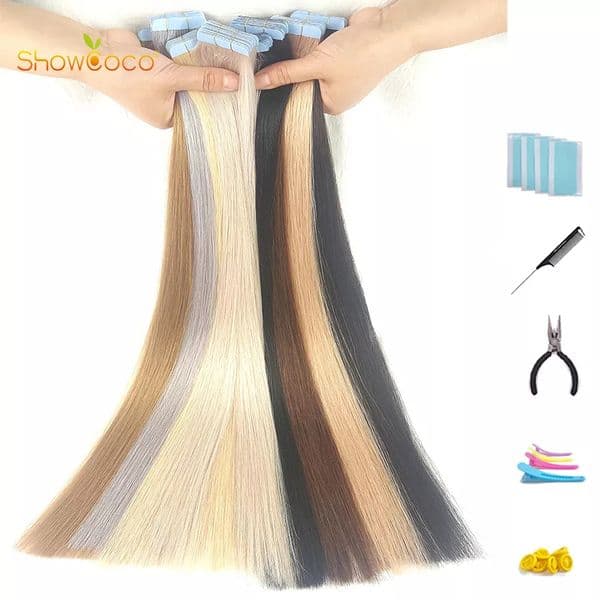 ShowCoco Tape In Human Hair Extensions 100% Human Hair 12"-24" Adhesive Replaceable Tape 20/40pcs Straight Hair