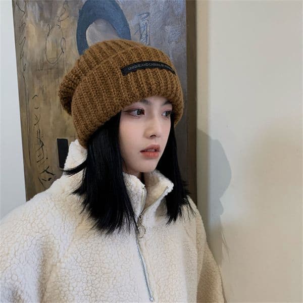 Loose Big Head Knit Hat Unisex Mohair Wool Hat Patch Wild Face Small Warm Cold Hat Dome High Elasticity Hat Clothing Collocation