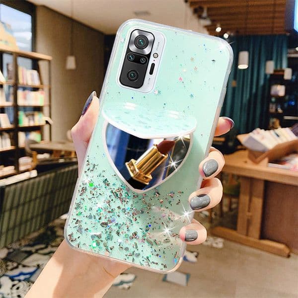 Heart Mirror Sequins Glitter Phone Case For Xiaomi Redmi Note 10 Pro Max 4G 5G Coque Silver Foil Transparent Soft Silicone Cover