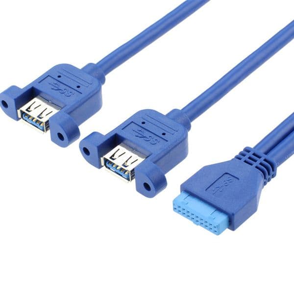 USB 3.0 Dual Ports Female Screw Mount Type to Motherboard 20pin Header Cable Blue 30cm 50cm