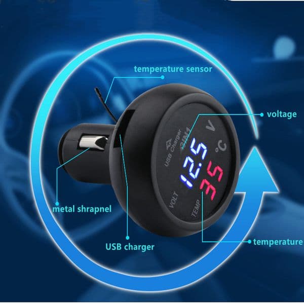 Universal 3 in 1 Car Volt Meter Car Cigarette Ligter 12V 24V LED Digital Voltmeter Gauge Thermometer USB Charger Voltage Meter