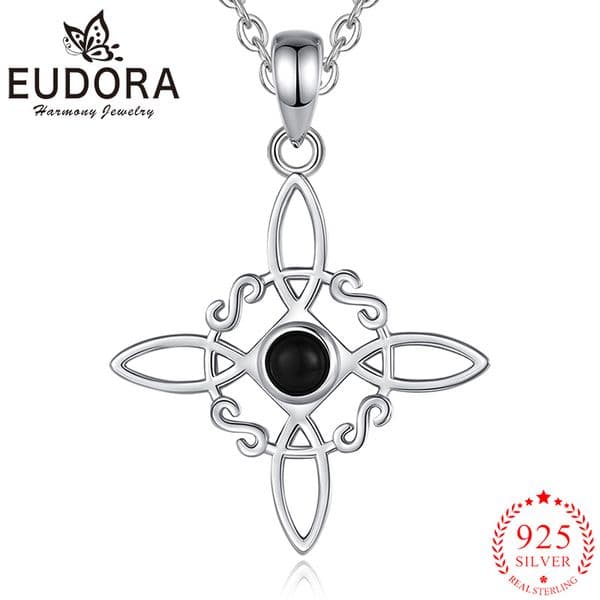 Eudora New 925 Sterling Silver Witchcraft Celtic Knot Necklace Obsidian Amulet Pendant Witch Jewelry Fine Gift for Women Men