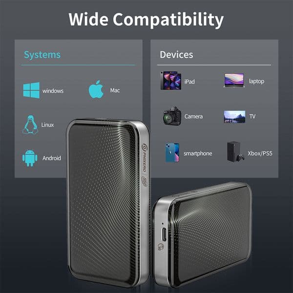 PHIXERO Portable SSD 40Gbps Thunderbolt 4/3 USB 4.0 up to 3150MB/s External Solid State Drive 2TB 1TB 512GB Type- C for Laptop
