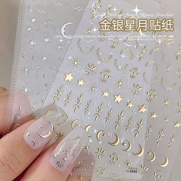 3D Gold/Silver Star/Sun/Moon Bronze Nail Art Sticker Laser Star Moon Style Nail Sticker Gold/Silver Self Adhesive Slide 1 Piece 240625