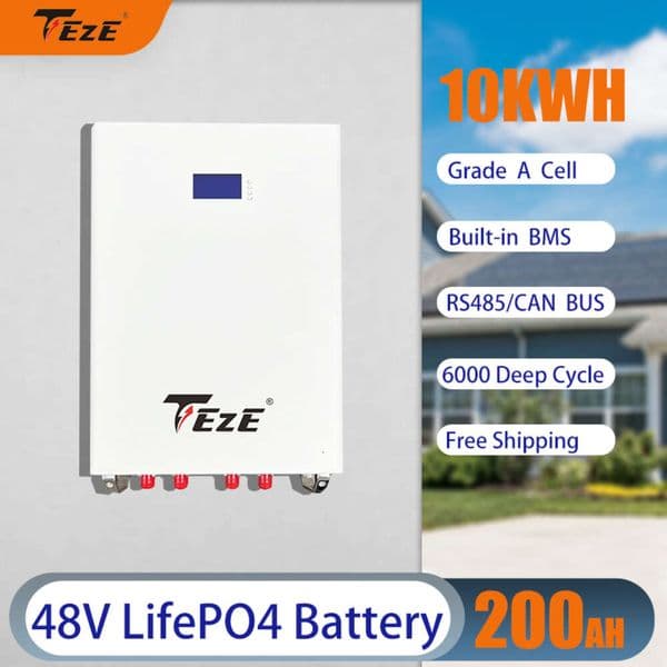 TEZE LiFePO4 48V 200AH Solar Battery Pack 51.2V 10KWH Lithium Battery 6000 Cycle RS485/CAN/Bus For Home Energy Storage EU NO TAX