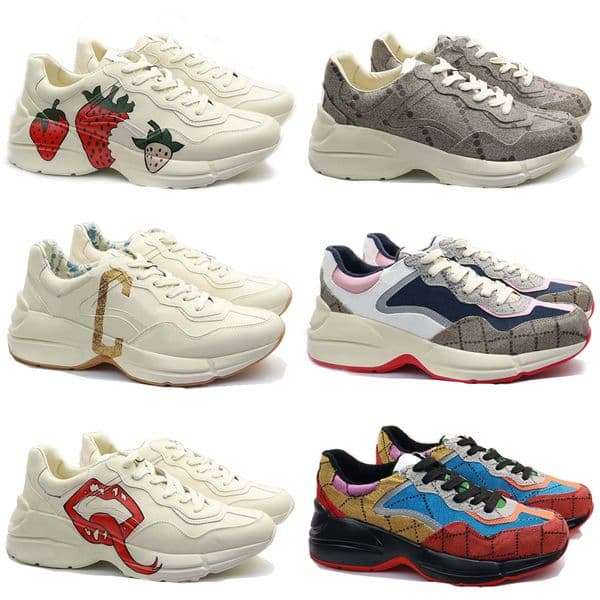 Designer Rhyton Casual Shoes Sneakers Ladies Shoe Trainers Luxury Vintage Chaussures Navy Black Beige Men Women Fashion Shoeswave Mouth Leather Sneaker