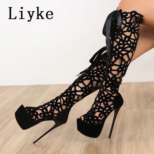 Liyke 16CM Ultra Thin High Heels Sexy Nightclub Hollow Out Over The Knee Boots Women Peep Toe Lace-Up Zip Platform Shoes Sandals 240629