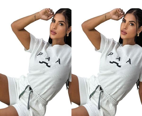 New Women's Embossed Tracksuits with Triangle Design Cotton Short sleeved T-shirt White Jogging Shorts 2-piece Set Festival Brand Clothing