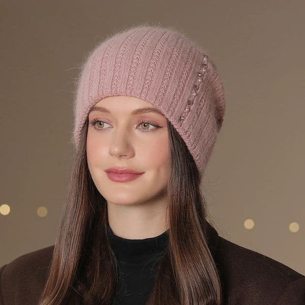 Fashion Decoration Beanie Hat Rabbit Fur Blended Warm Mom Ski Hat Womens Winter Hat Womens Fashion Trend Knitted Hat 240924
