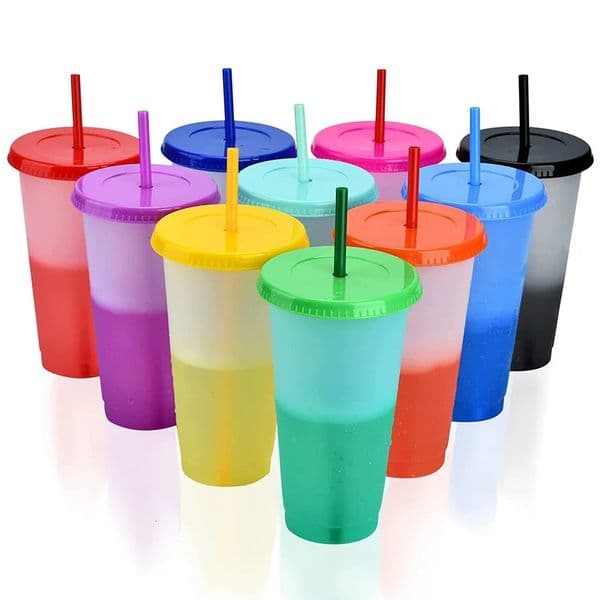 10Pcs 710ml reusable blank ordinary plastic cup cold colored with straw and lid 240927