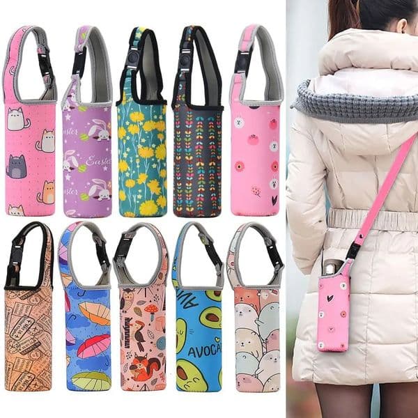 Portable sports water bottle cap insulator sleeve bag luggage cup with shoulder strap camping beverage 240930