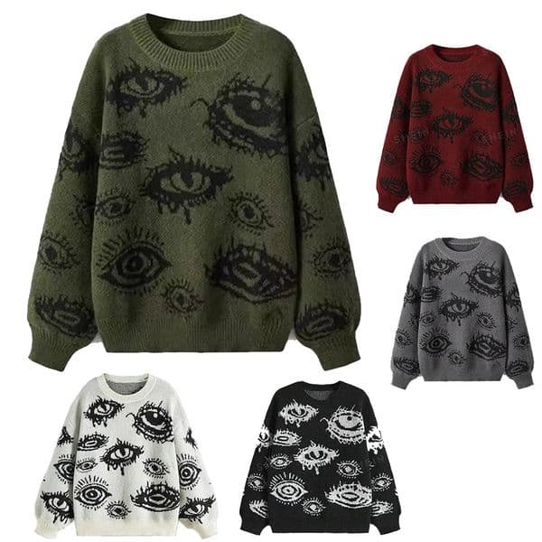 Traf Womens sweater eyes y2k pullovers Knit wear Winter clothe vintage Female clothing long sleeve tops Oversize 240930