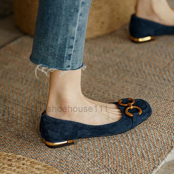 Dress Shoes Ladies Flat Shoes Retro Square Toe Leather Loafers for Women 2023 Spring Casual Flats Elegant Metal Buckle Female Shoes