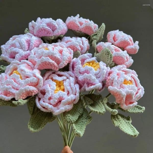Decorative Flowers Handmade Crochet Peony Bouquet Gradient Color Wool Hand-woven Simulation Flower Woven Flowere Artificial