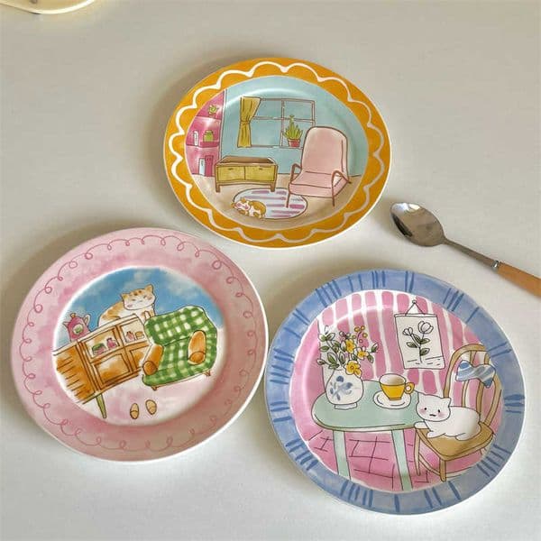 Cartoon Kitchen Utensils Ceramic Plate: Cute Dessert Salad Breakfast Plate, High Aesthetic Household Tableware, Lightweight Flat Plate For Daily Use B5