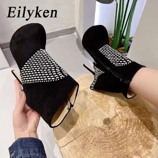 Eilyken Design Zipper Crystal Stiletto High Heels Women Boot Platform Round Toe Nightclub Stripper Female Shoes