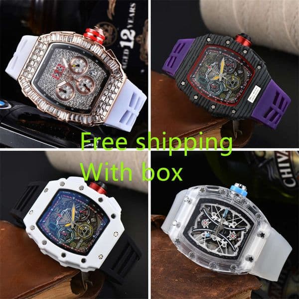 With box Mens Watches New Top Luxury Quartz Chronograph Swiss Mens Wristwatch Iced Out Hip Hop Rubber Strap Sport Men Watch Male watches Sapphire Fashion Wristwatch