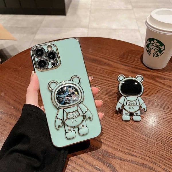 Designer Phone Case Astronaut Quicksand Bear Fold Bracket Case for iPhone 16 15 14 ProMax Plus 13 12 11 Pro Max XR XS Max Ultra Thin Silicone Soft Cover M241008