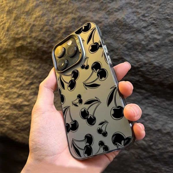 Cellphone Case Cute black cherry patterned matte laser phone case suitable for iPhone 15 Pro Max phone case iPhone 16 14 13 12 11 XS X 7 8 Plus shockproof cover G241008