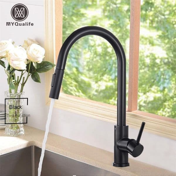 Black kitchen faucet dual function single handle pull-out mixer and cold faucet deck installation ww 241008