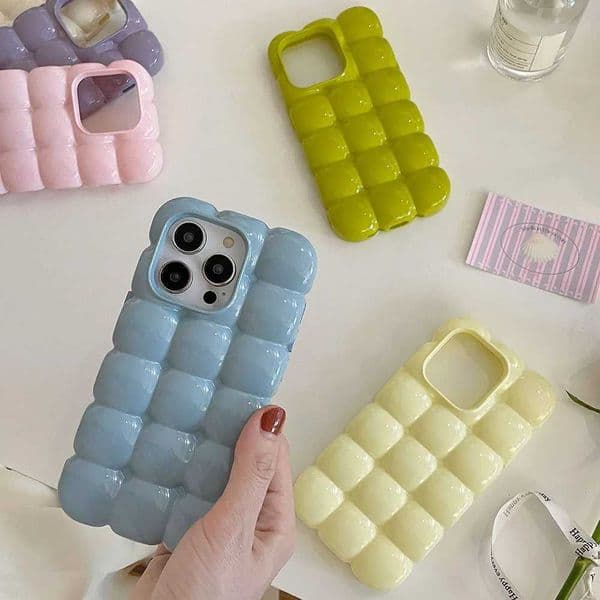 Designer Phone Case Cute Korean Egg Puff 3D Checkered Folding Box Suitable for iPhone 16 15 14 13 12 Pro Max Cute Candy Solid Color Phone Cover M241008
