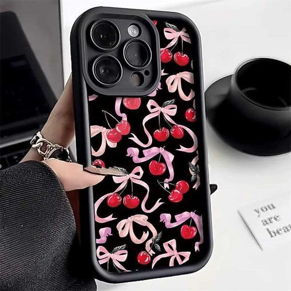 Luxury Case Cute phone case for iPhone 15 iPhone 11 13 12 14 16 Pro Max XR XS 7 8 Plus SE shock-absorbing bumper cherry bow cover Z241008
