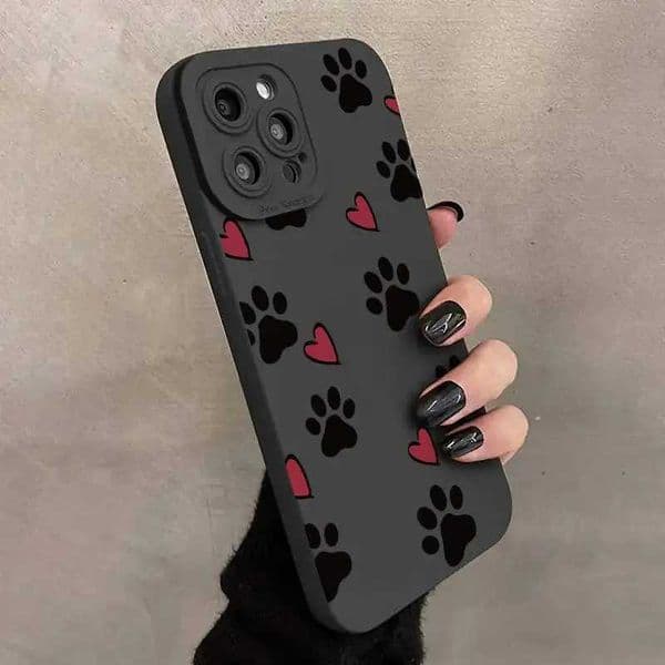 Cellphone Case Cat Footprints Love Print Black Phone Case for iPhone 15 16 Pro Max 14 13 ProMax 12 Mini 11 X XS XR 7 8 Plus SE Rear Cover G241008