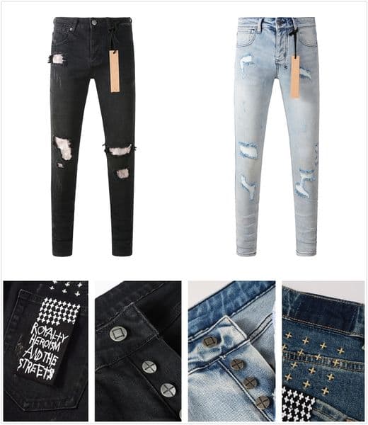 jeans for mens designer jeans men skinny pants Elastic fabric long skinny button fiy hole pattern ripped embroidery us size 28-40 L1