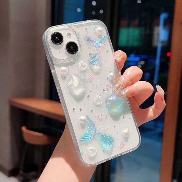 Cellphone Case Ocean Mermaid Starfish Pearl Shell iPhone 11 12 13 14 15 Pro Max 16 Plus Transparent Soft TPU Anti slip Flash Back Cover G241008
