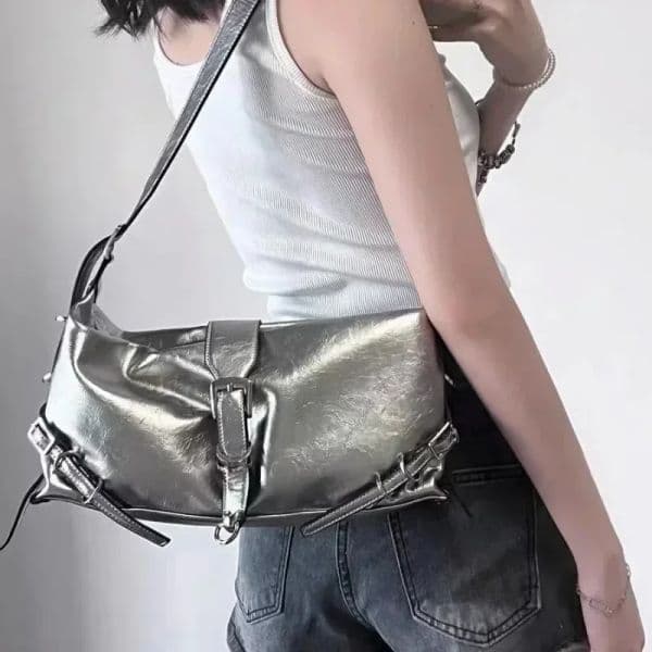 Silver Leather Crossbody Bags for Women Luxury TLXT 2024 Y2k Korean Fashion Underarm Shoulder Bag Female Armpit Bag Handbags