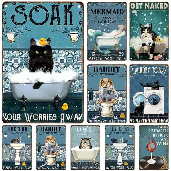 Funny Cat Metal Sign So Fresh and So Clean Tin Sign Animal Vintage Metal Pet Wall Stickers Iron Painting for Bathroom DecorXJ241010