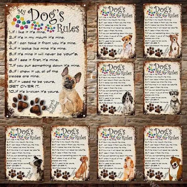 Dog Rules Metal Tin Logo Interesting Bulldog Pet Pictures Steakhouse Pet Shop Room Decoration Cute Dog Wall Art Home Decoration Poster W241010