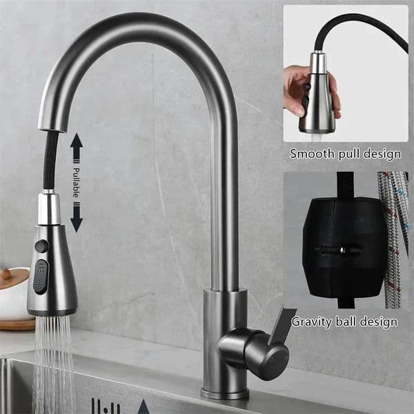 Kitchen faucet made of 304 stainless steel. Pull out the kitchen sink faucet and install the mixer nozzle on the deck. Install the and cold faucets 241021ww