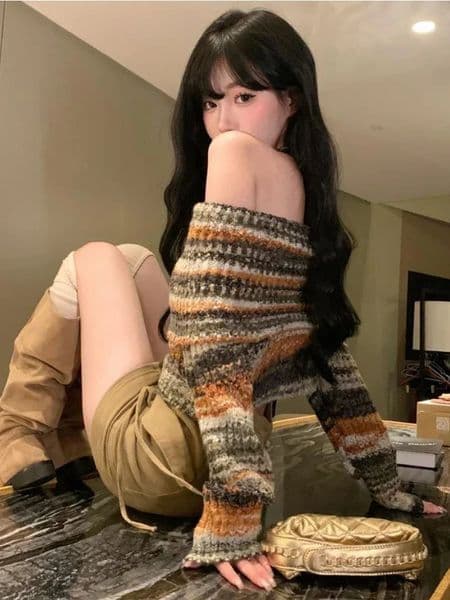 Deeptown Y2K Vintage Striped Cropped Sweater Women Harajuku Hip Hop Slim Knitted Jumper Sweet Off Shoulder Pullover Korean Tops 241010