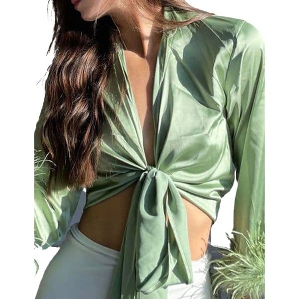 Women Long Sleeve Tie Front Blouse Cardigan Satin V Neck Vintage Feather Sleeve Crop Top Shirt Harajuku E- Streetwear 241010