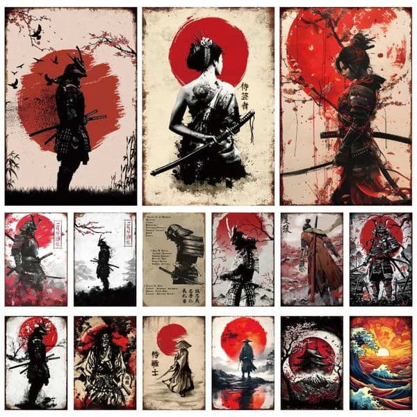 Japanese Samurai Vintage Metal Plate Living Room Decoration Painting Metal Wall Art Plaque Retro Tin Sign Bar Pub Home DecorXJ241010