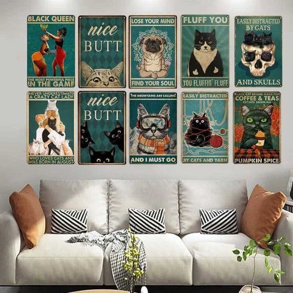 Cute cat tin logo wall art board beautiful buttocks your fluffy fur perfect for bedroom living room snow mountain game dime poster W241010