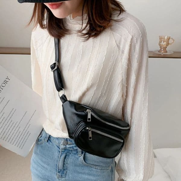 Neutral PU leather sling bag casual shoulder bag chain box bag outdoor sports cross body bag waist bag 241008