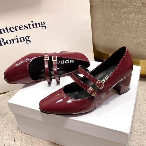 2024 Spring Autumn Women Double Buckle Mary Janes Shoes Patent Leather Dress Square Head Square Heel Solid Color Womens Shoes 241010
