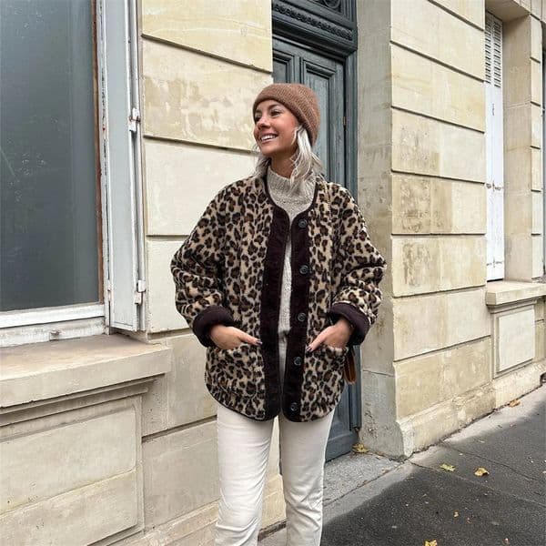 Womens fashion unique round neck single chest leopard print cashmere coat 241007