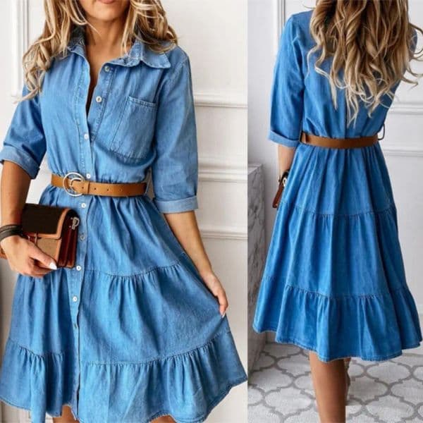 Denim Dress Three Quarter Sleeve with Belt Turn-down Collar Spring Autumn Buttons Ruffle Jeans Dresses for women