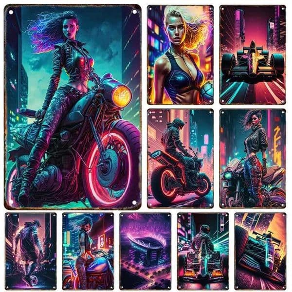 Future Cyberpunk Sports Car Tin Paint Metal Signage Punk Style Poster Family Living Room Bedroom Bar Club Wall Art Decoration W241010