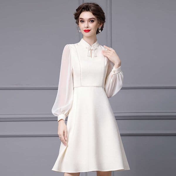Chinese Style Standing Collar Dress with High-end Luxury Temperament Nail Drill High Waist and Large Swing A-line Skirt Autumn New Collection 2024
