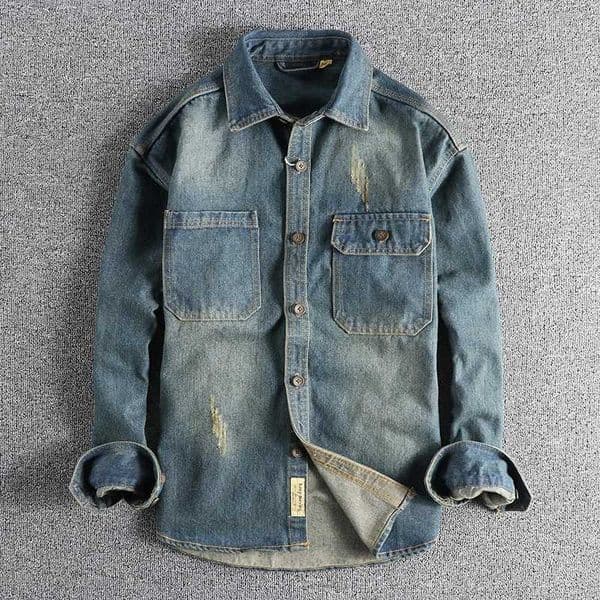 Sping New Japan Retro High Quality Cowboy Freight Shirt Mens Fashion 100% Cotton Washed Thick Double Pocket Casual Jacket W241015
